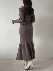 FRIFUL Women's Solid Color Long Sleeve Tassel Hem Knit Cardigan And Sleeveless Knit Dress Elegant Set Fall - Brown - View 6
