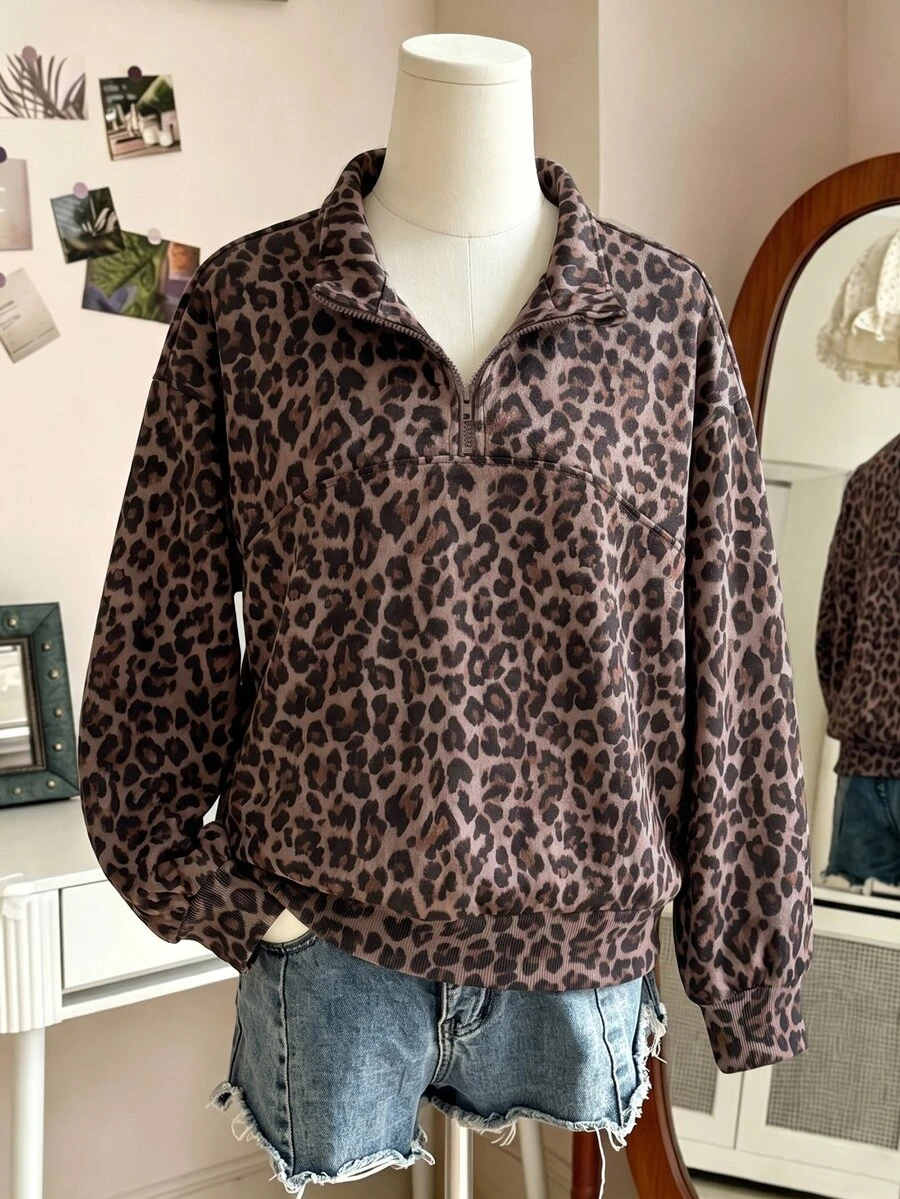 SHEIN Sparklyn 青少年女孩豹紋半拉鍊抓絨衛衣休閒落肩長袖套頭上衣秋冬復古上衣 - 彩色 - 查看 1