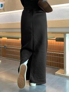 DAZY Women's Solid Color Drawstring Waist Long Casual Skirt - Black - View 4