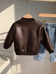 SHEIN 男女嬰兒/幼兒秋冬保暖內裡加厚圓領皮革飛行夾克外套，冬季保暖加厚外套 - 棕色 - 查看 2