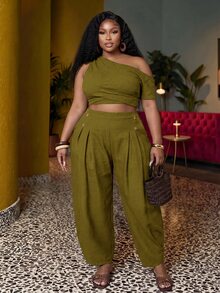 Zivah 2026 Spring/Summer Women's Plus Size New Bold, Classy Feminine Style Tummy Control Fit Breathable Lightweight Elegant Romantic Classic Brown Button Cuffed Pants - Green - View 6