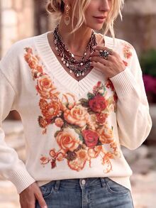 Linavere Women's V-Neck Floral Pattern Casual Daily Long Sleeve Sweater - White - View 3