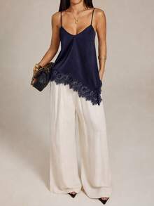 SHEIN PETITE Women's Solid Color Contrast Lace Asymmetrical Hem Fashion Camisole - Navy Blue - View 7