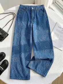 SHEIN 兒童青少年女孩花卉印花藍色牛仔寬鬆長褲 - 藍色 - 查看 2