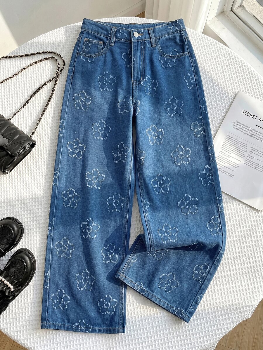 SHEIN Kids Tween Girl Girls' Floral Print Blue Denim Loose Fit Long Pants - Blue - View 1