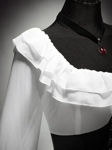 SHEIN ICON Gaun Ukuran Besar Warna Putih Hitam Kerah Persegi Depan Berkerut Pendek Belakang Panjang, Kostum Halloween Gaya Boho Gothic, Pesta Malam Gaya Kapten Istana Musim Gugur - Hitam dan Putih - View 7