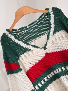 CosyJoli Plus Size Colorblock Striped Hollow Knit Sweater Winter - Multicolor - View 3