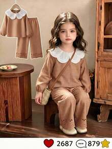 SHEIN Vintaside Kids 女童 2 件套丹寧效果上衣 + 白色彼得潘領燈籠長袖襯衫搭配同款寬腿褲，簡約溫柔風，適合春夏交替與初夏，適用日常上學、公園散步、週末出遊與短途旅行 - 棕色 - 查看 1