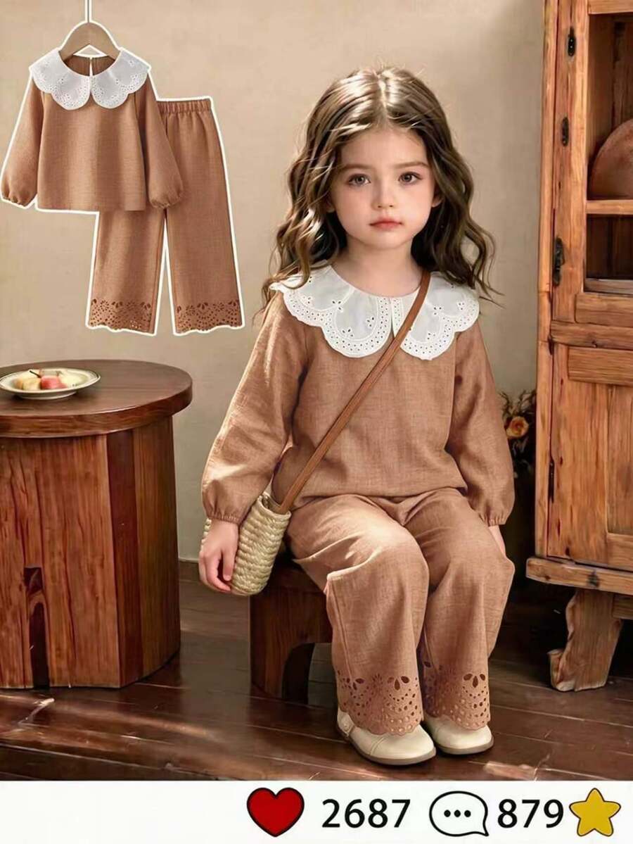 SHEIN Vintaside Kids 女童 2 件套丹寧效果上衣 + 白色彼得潘領燈籠長袖襯衫搭配同款寬腿褲,簡約溫柔風,適合春夏交替與初夏,適用日常上學、公園散步、週末出遊與短途旅行 - 棕色 - 查看 1