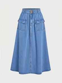 LUMIGAL Women's Fashion Streetwear Pocket Button Denim Skirt - Blue - View 3