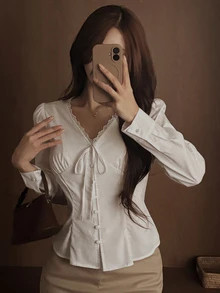 DAZY 純色領口修身短袖白色女式襯衫 - 白色 - 查看 4