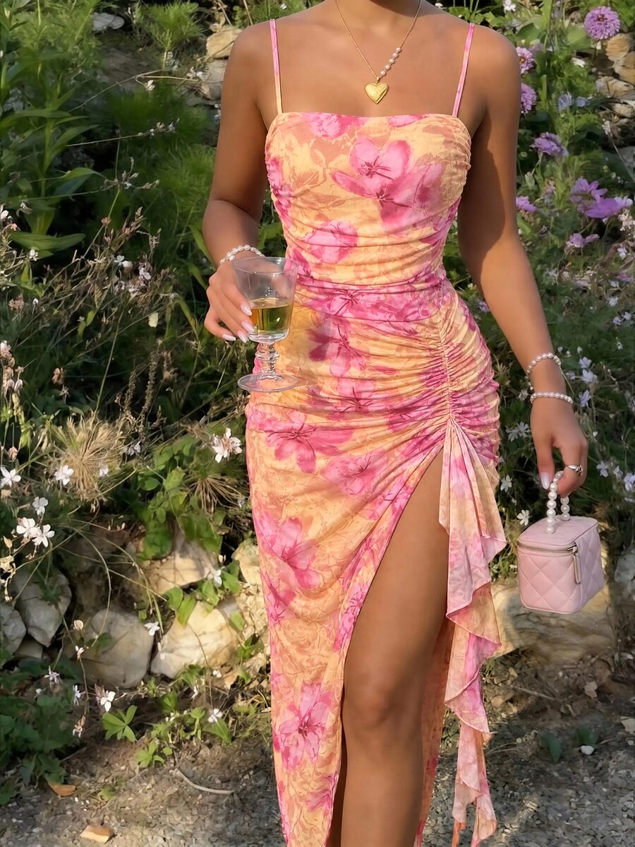 Lavishia Women's New Cold Shoulder Sexy Elegant Vacation Mini Dress, Mesh Floral Dress, Asymmetric Neckline Dress, Spring/Summer Outfit, Beachwear, Elegant Sexy, Vacation, Beach, Hawaii, Date, Party, Music Festival, Graduation Ceremony Dress, Prom Dress - Multicolor - View 1
