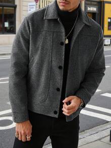 Manfinity Homme Men's Mature Casual Solid Color Wool Blend Plus Size Jacket, Perfect Holiday Gift Choice - Dark Grey - View 1