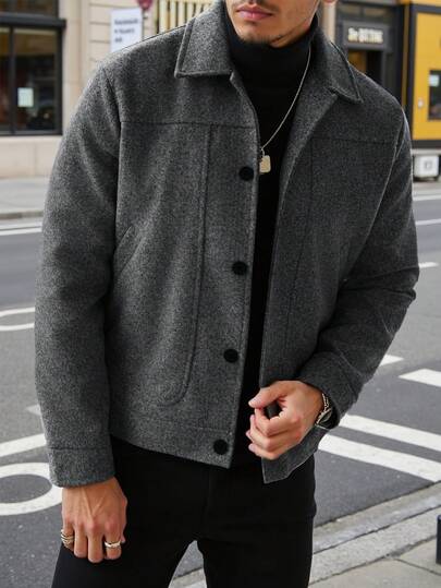Manfinity Homme Jaket Pria Kasual Dewasa Warna Polos Campuran Wol Ukuran Besar, Pilihan Hadiah Liburan yang Sempurna