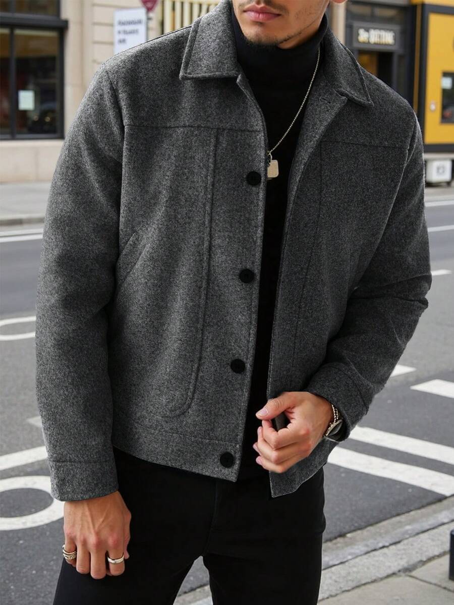 Manfinity Homme Men's Mature Casual Solid Color Wool Blend Plus Size Jacket, Perfect Holiday Gift Choice - Dark Grey - View 1