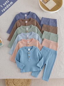 (6 Sets Randomly Sent 1 Set) Newborn Sets Multicolor Soft Baby Boy Long Sleeve Fall Autumn/Winter Top & Waist Pants - Pink - View 6