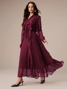 BELROSIE Fall Burgundy Solid Color Chiffon V-Neck Dress With Tie Scarf, Bowknot Strap Decor, French Romantic Style, Ruffle Trim, Elegant Party Dinner Women - Red Violet - View 6