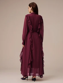 BELROSIE Fall Burgundy Solid Color Chiffon V-Neck Dress With Tie Scarf, Bowknot Strap Decor, French Romantic Style, Ruffle Trim, Elegant Party Dinner Women - Red Violet - View 8