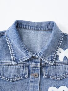 Girls Back To School Bow Towel Embroidery Denim Set, Sweet Short Denim Jacket With Wide Leg Denim Pants, Cute Washed Denim Outfit For School And Outings - Light Wash - View 5