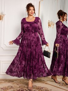 Modelyn Elegant Mesh Flocked Print Ruffle Square Neck Long Sleeve Cinched Waist A-Line Regular Fit Plus Size Dress For Spring And Autumn - Red Violet - View 4