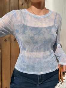 Dazy Plus Tie-Dye Mesh Layered Korean Style T-Shirt - Blue - View 2