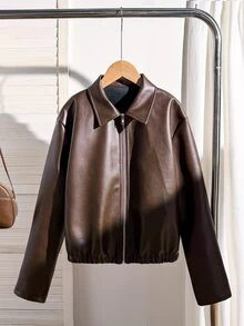 SHEIN 青少年女孩長袖抓絨秋季衣物 秋冬休閒街頭風寬鬆日常通勤高階校園百搭PU皮革夾克 棕色 - 棕色 - 查看 6