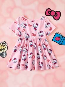 HELLO KITTY AND FRIENDS | SHEIN فستان صيفي كاجوال يومي مطبوع برسومات كرتونية ومكسر للبنات الصغيرات - وردي - مشاهدة 2