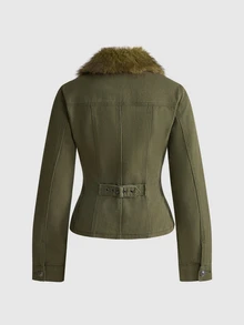 ROMWE Vintage Mori Style Hippie Faux Fur Collar Women's Denim Jacket And Coat - Dark Green - View 2
