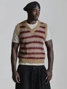 Musero Striped Mohair V Neck Vest Ribbed Neckline And Arm Cuffs Autum Winter Essentials - Multicolor - View 2