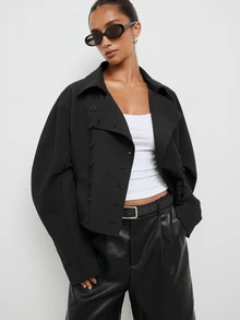 Maija Jaket Wanita Model Double-Breasted dengan Kerah dan Pengencang Pinggang - Hitam - View 4