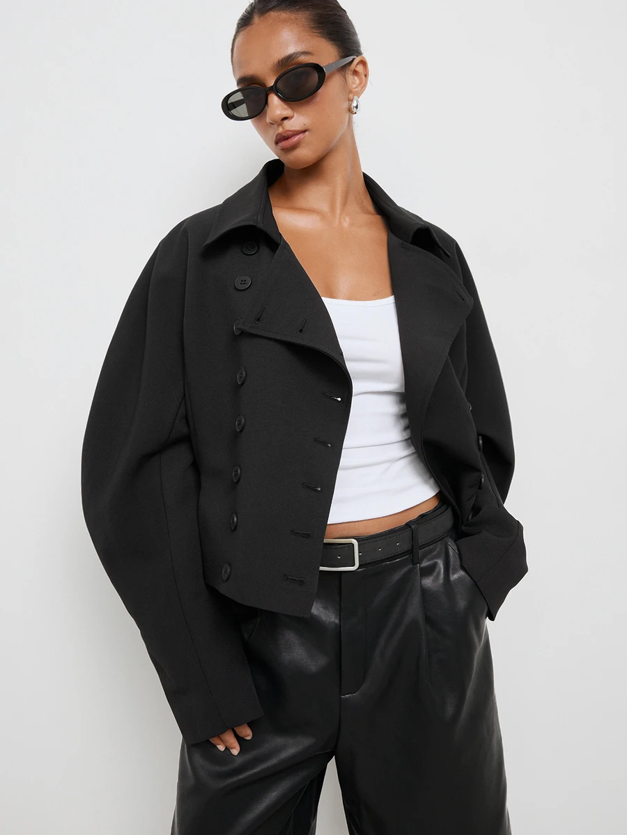 Maija Women's Lapel Waist-Cinching Double-Breasted Regular Jacket - Black - View 1