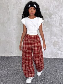 Kids Tween Girl Deconstructed Design Plaid Wide Leg Loose Long Pants - Red - View 2