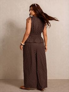Elaquor Plus Size Women Polka Dot Pattern Ruffle Hem Sleeveless Blouse And Wide Leg Pants 2 Pieces Set - Brown - View 2