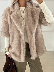 Livesso Women's Vintage Fashion Short Sleeve Faux Fur Jacket Fall - Coffee Brown - View 1