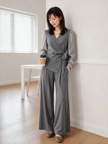 Yumoku 女款綁帶長袖襯衫與百褶長褲兩件套，秋季女裝，冬季女裝套裝 - 棕色 - 查看 4