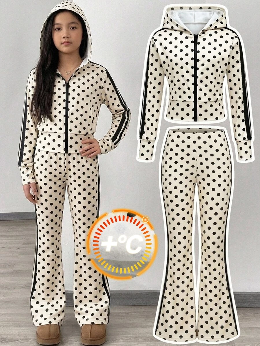 SHEIN 2件組女童大童套裝,連帽拉鍊短夾克配黑白波點飾邊、細肩帶背心上衣、寬腿長褲,80年代運動校園風 - 杏色 - 查看 1
