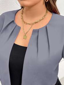SHEIN Essnce Plus Size Women's Solid Color Pleated Design Open Front 3/4 Sleeve Blazer - Light Grey - View 8