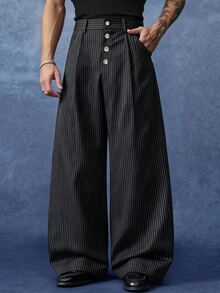 PAVTROS Men's Black Striped Long Pants, Button Fly Design, Minimalist Fashion Versatile Long Pants, Loose Casual Long Pants - Black - View 1