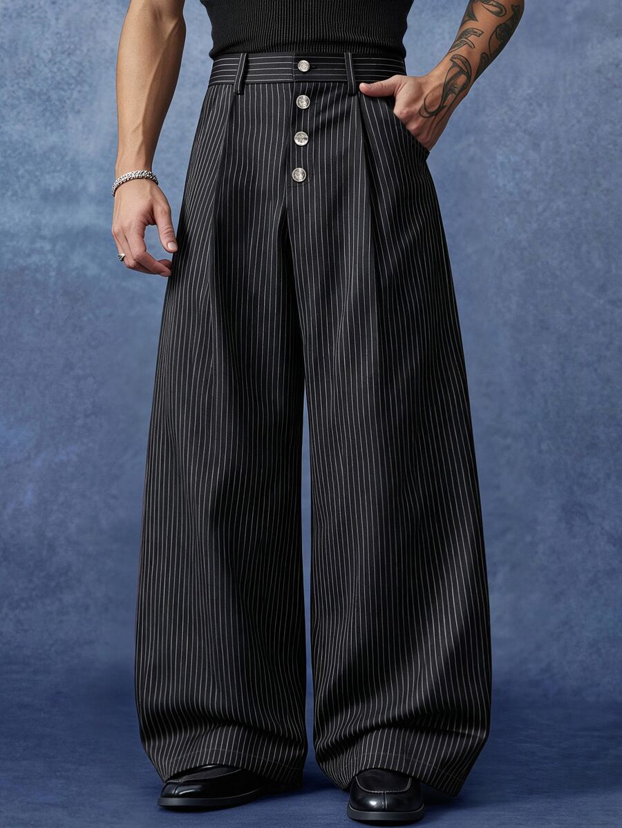 PAVTROS Men's Black Striped Long Pants, Button Fly Design, Minimalist Fashion Versatile Long Pants, Loose Casual Long Pants - Black - View 1