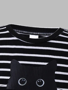 SHEIN Tween Girl Slim Fit Casual Cropped Knit Cat Print Striped T-Shirt With Sleeves - Black and White - View 6