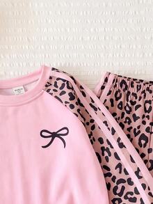 SHEIN 女童小女孩圓領蝴蝶結圖案拼接長袖運動衫與運動長褲休閒日常套裝 - 卡其色 - 查看 3