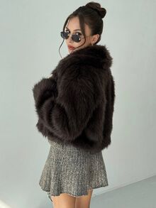 Aloruh 女款素色長袖寬鬆時尚人造毛皮大衣 - 咖啡棕 - 查看 3