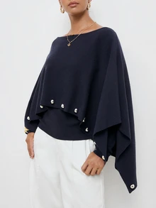 Maija Women's Elegant Commuter Shawl Knit Top - Navy Blue - View 4