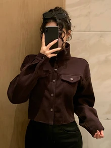 DAZY Women's Deep Brown Wool Blend Short Jacket, Loose Casual Streetwear Commuter Style With Turn-Down Collar And Large Pockets, Autumn/Winter - Brown - View 5