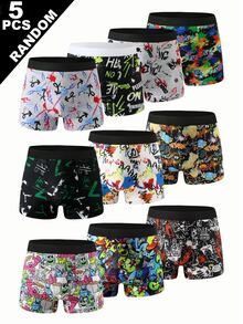Random 5pcs/Pack Boys Comfortable Printed Sports Letter Boxer Briefs, Fashionable Cartoon Print Underwear - Multicolor - View 1