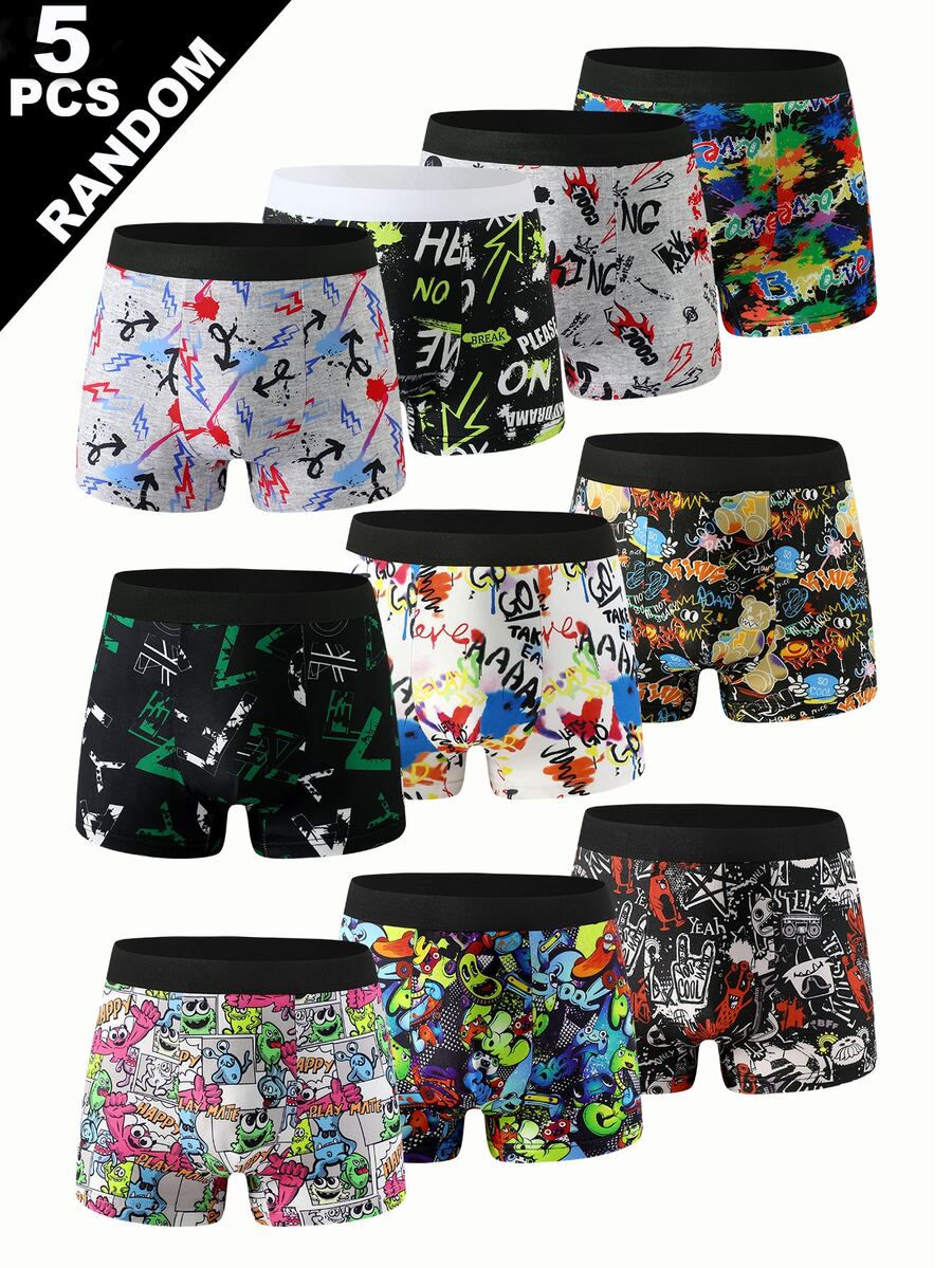 Random 5pcs/Pack Boys Comfortable Printed Sports Letter Boxer Briefs, Fashionable Cartoon Print Underwear - Multicolor - View 1
