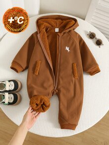 SHEIN 男嬰秋冬保暖內裡加厚刺繡連身衣 - 棕色 - 查看 1