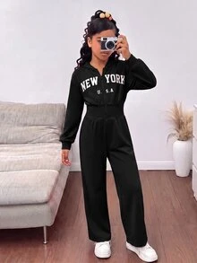 SHEIN 少女時尚極簡純色連帽拉鍊印字字母高腰秋冬連身褲 - 黑色 - 查看 6