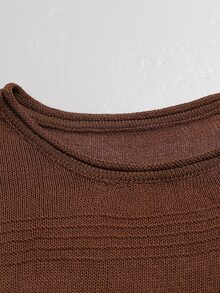 Linhara CURVE Plus Size Women's Autumn/Winter Thin Crew Neck Asymmetrical Loose Knit Pullover Sweater - Coffee Brown - View 5