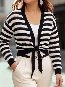 Linhara CURVE Jaket Kardigan Rajut Lengan Panjang Bergaris Tipis Ukuran Plus Wanita, Musim Gugur/Musim Dingin - Hitam dan Putih - View 6